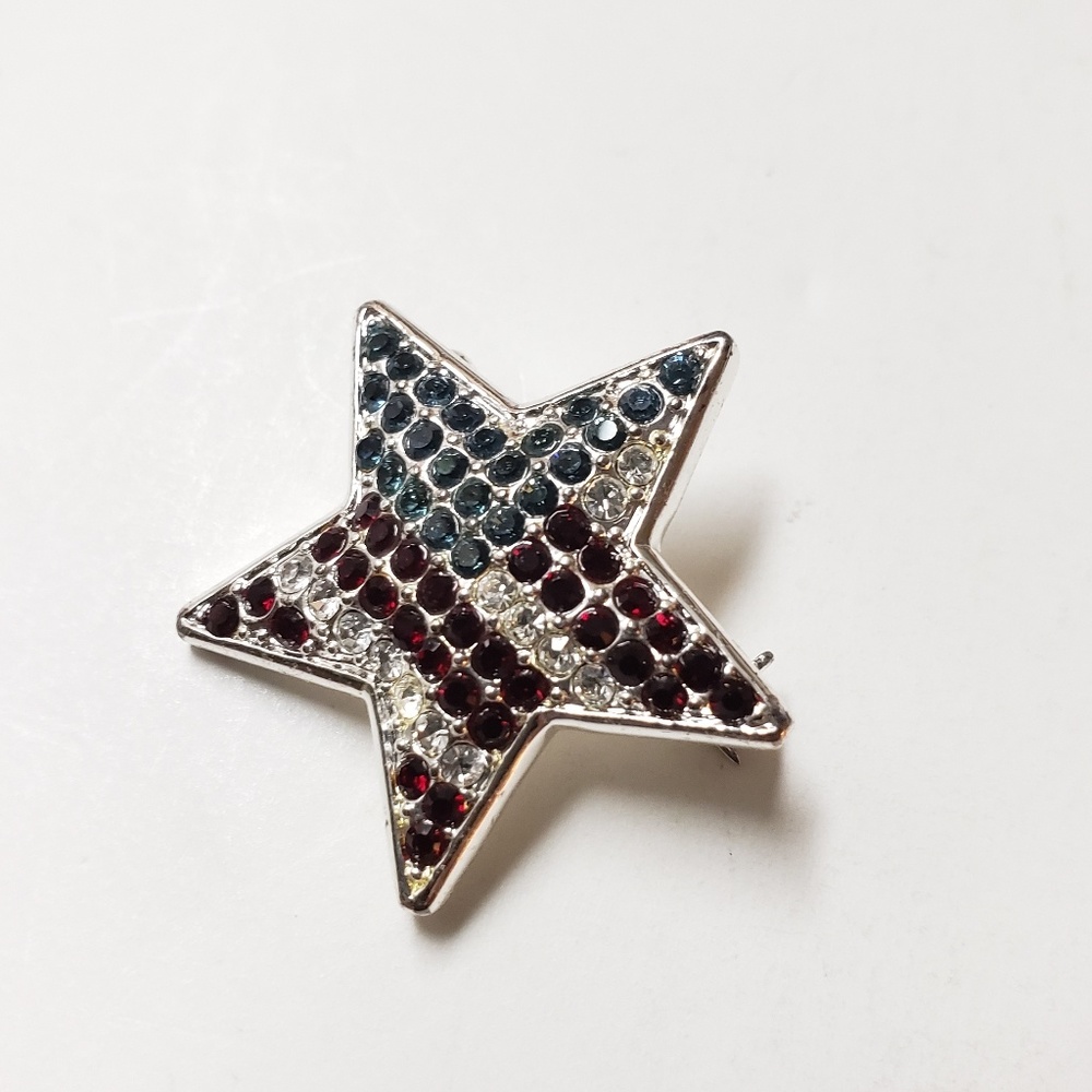 American Flag Crystal Star Pin, Patriotic Brooches